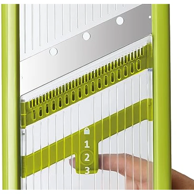 Joseph Joseph Multi-Grip Küchen Mandoline, Verstellbarer Frucht- und Gemüseschneider in Weiß, 3 Scheiben und 2 Julienne-Stärken – Bild 2