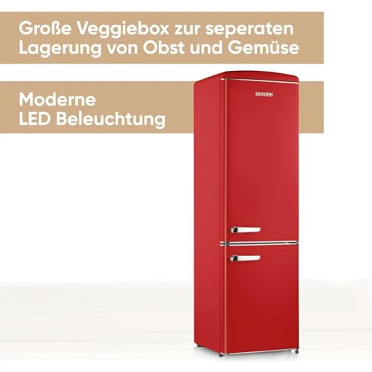 SEVERIN RKG 8917, Retro Kühl- & Gefrierkombination mit 244 L Nettovolumen, 39 dB, LED-Beleuchtung, rot – Bild 2