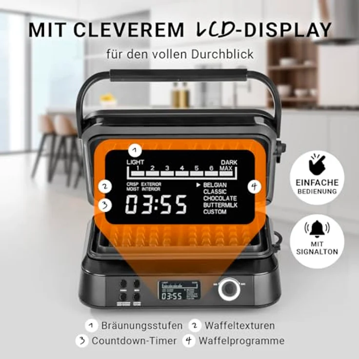 N8WERK Premium Waffeleisen Midnight Edition - 1600 W - 5 Programme - 7 Bräunungsstufen – Bild 5