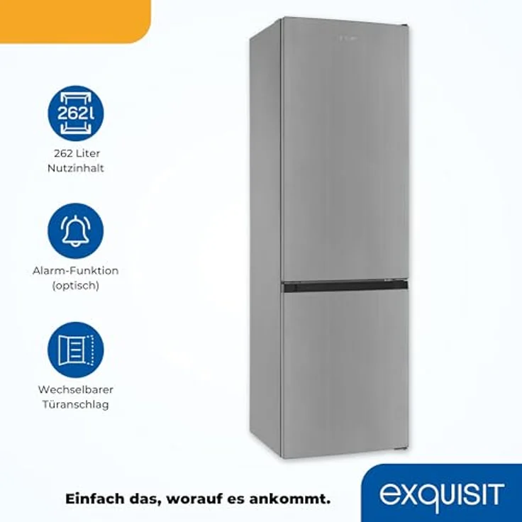 Exquisit Kühl-Gefrierkombination KGC265-70-040D inoxlook, 262 Liter, 4 Glasablagen, 3 Gefrierschubladen, 4-Sterne-Gefrierfach – Bild 3