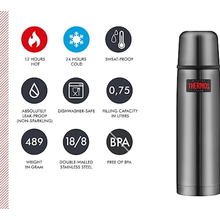 THERMOS 4019.218.075 Thermosflasche Light & Compact, Edelstahl Cool Grey 0,75 l, Spülmaschinenfest, 18 Stunen heiß, 24 Stunden kalt – Bild 6