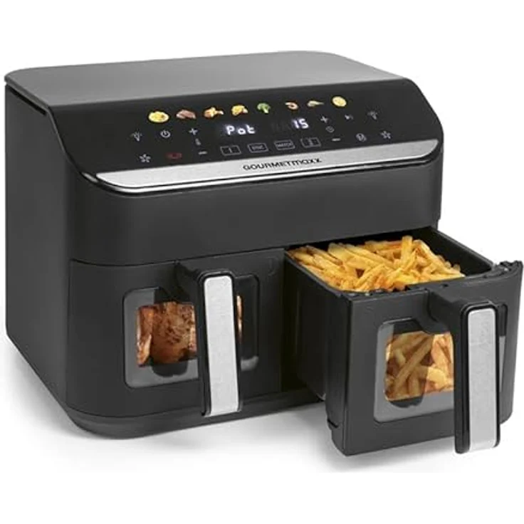 GOURMETmaxx AirGenius 2-Kammer-Heißluftfritteuse, 9 Liter (2 x 4,5 l) mit Multi-Color LED-Touchdisplay, Mattschwarz, 2400 Watt – Bild 1