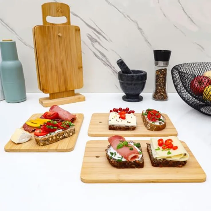 DuneDesign Schneidebrett 6er Set Frühstücksbrettchen + Ständer 22x15 cm, Holz, Antibakteriell, Bambusständer, (6-St), Holzbrettchen Brotbretter – Bild 2