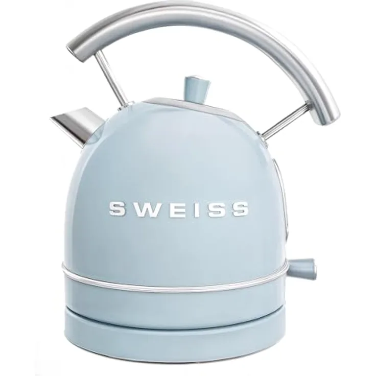 SWEISS Elektrischer Wasserkocher KTL6, Vintage, 1,5 l, Edelstahl, 2200 W, automatischer Abschaltung, sichtbarer Wasserstand, 360° Sockel, Blau