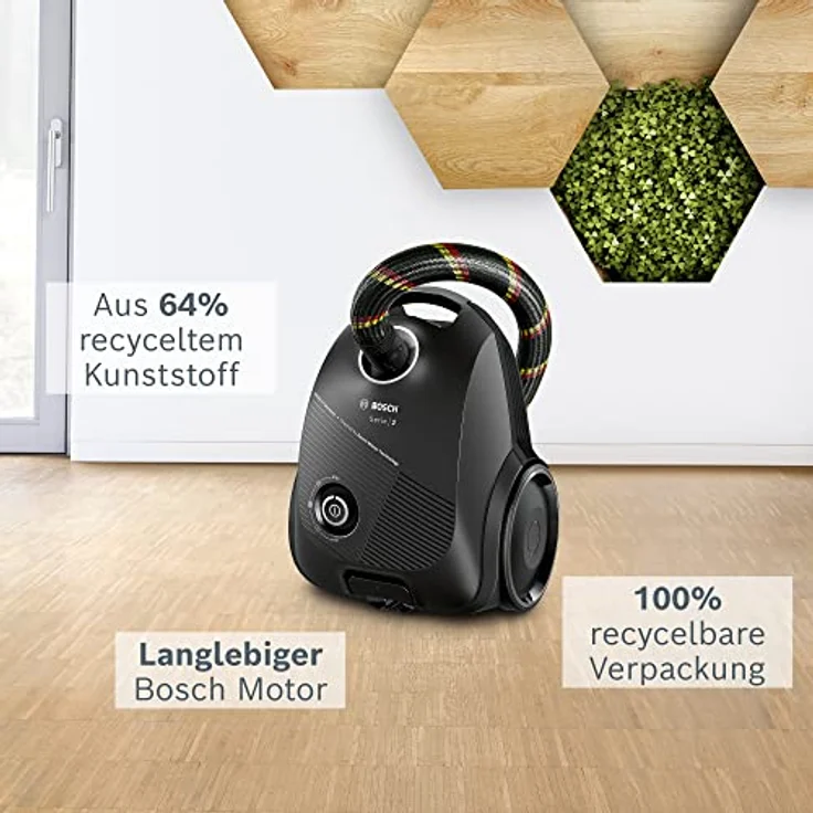 Bosch Staubsauger mit Beutel Serie 2 BGDS2CHAMP, Bodenstaubsauger, nachhaltig, aus Recyclingmaterial, Hygiene-Filter, 10 Jahre Motorgarantie, kompakt, leistungsstark, Made in Germany, 600 W, schwarz – Bild 4