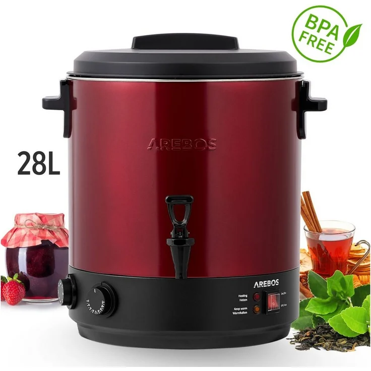 Arebos Einkoch- und Glühweinautomat 28 L, 1800 W mit Heizfunktion, Timer und Edelstahl-Gehäuse, Rot