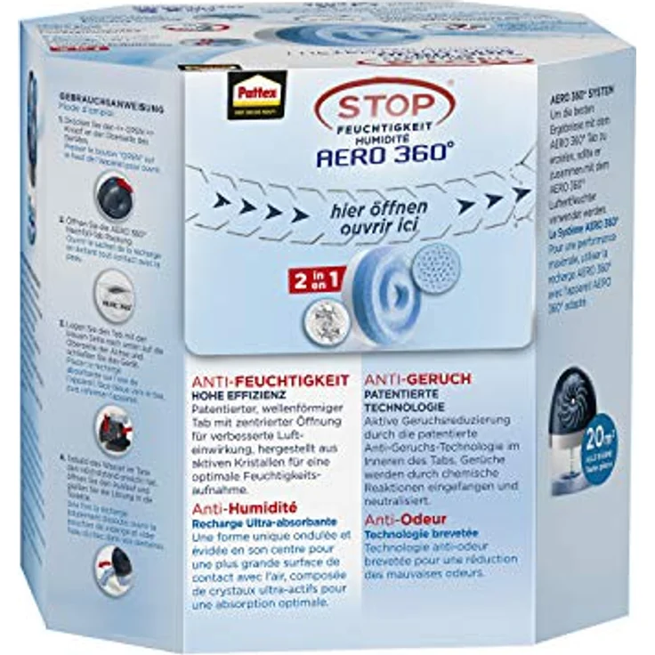 Pattex AERO 360° Neutral Tabs Nachfüllpack, reduzieren Feuchtigkeit und schlechte Gerüche, Nachfülltabs für den Luftentfeuchter AERO 360°, 2er-Pack (2x450g) – Bild 2