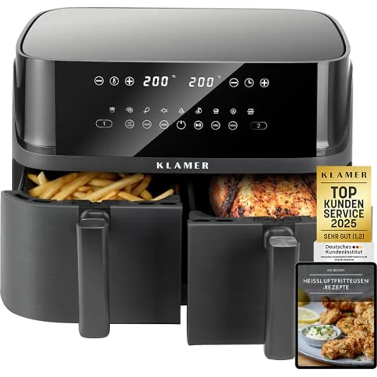 KLAMER Heißluftfritteuse 3000 W, gesunde Fritteuse mit einstellbarer Gartemperatur und Heißluftzirkulation – Bild 1