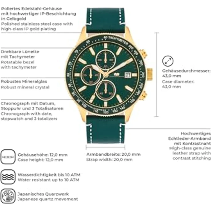 Rhodenwald & Söhne Herren Uhr analog Japan Quarzwerk mit Echtleder grün Armband und Chronograph-Funktion, wasserdicht 10 ATM – Bild 2