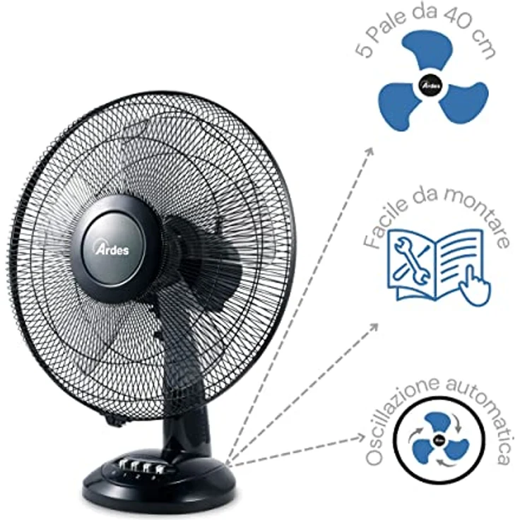 Ardes AR5S41 Haushalts-Lamellenlüfter Schwarz Ventilator - Ventilatoren (Haushalts-Lamellenlüfter, Schwarz, Tisch, Knöpfe, IPX0, 50 W) – Bild 3
