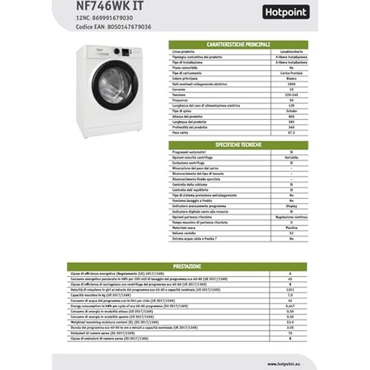 Hotpoint NF746WK IT, Frontlader Waschmaschine mit 7 kg Kapazität, 1400 RPM, Energieeffizienzklasse A, Weiß – Bild 11