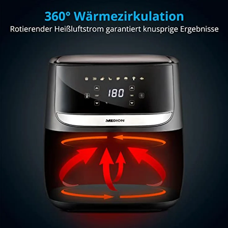 MEDION E50 XL Heißluftfritteuse (5,7 Liter Frittierkorb, ca. 1700 Watt, Digitales Bedienfeld, 8 Automatikprogramme, ölfreies Frittieren, 30 Min Timer, Überhitzungsschutz, MD10532) schwarz – Bild 2