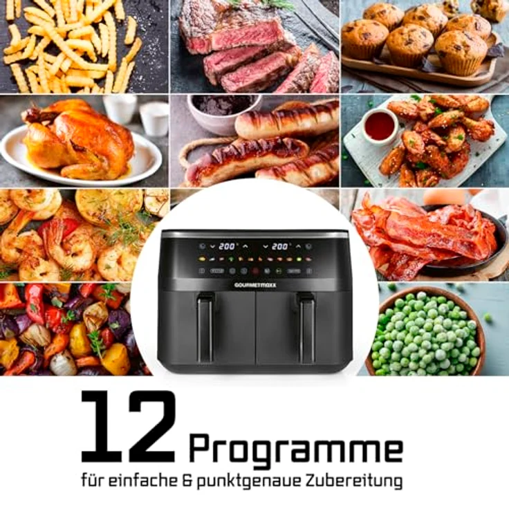 GOURMETmaxx Doppelkammer-Heißluftfritteuse 2 x 4,5 l mit Touchscreen, 12 Programmen und 3100 W Leistung – Bild 7