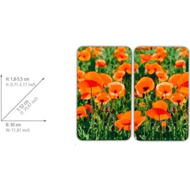 Wenko 2521434500 Herdabdeckplatte Universal Mohnfeld - 2er Set, für alle Herdarten, Gehärtetes Glas, 30 x 1.8-4.5 x 52 cm, Mehrfarbig – Bild 5
