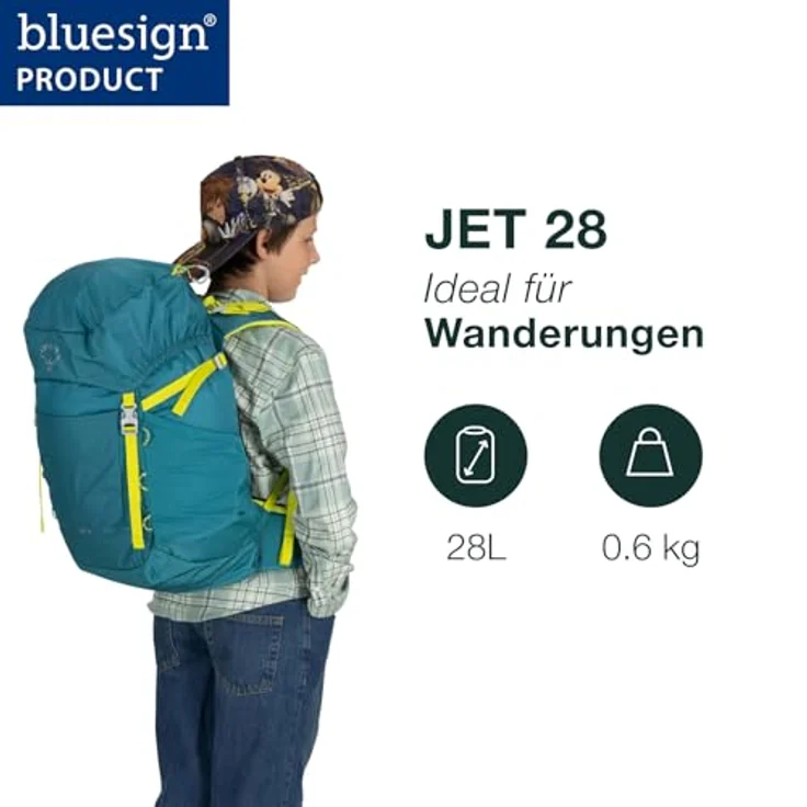 Osprey Jet 28 Blue Spikemoss OS, Rucksack mit verstellbarer Rückenlänge und elastischen Mesh-Seitenfächern – Bild 2