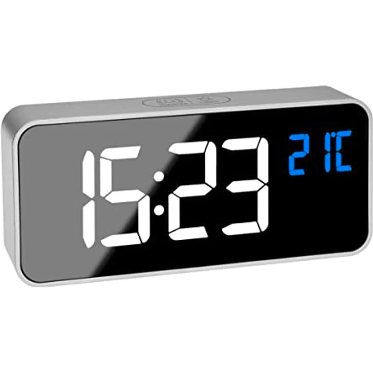 TFA Dostmann Digitaler Wecker mit Spiegeleffekt, 60.2032.54, 2 Alarmzeiten, 16 Wecktöne, mit 4 Helligkeitsstufen, Uhrzeit (AM/PM), mit integrierten Akku, Silber (L) 145 x (B) 32 x (H) 65 mm – Bild 1