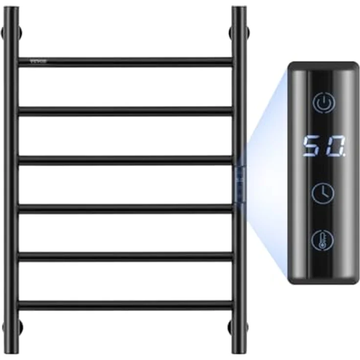 VEVOR Handtuchtrockner Heizkörper Handtuchwärmer mit 6 Stangen, wasserdicht, Schwarz, Timer & LED-Anzeige, 5 Temperaturstufen, Wandmontage – Bild 1