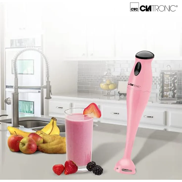 Clatronic SM 3577 Stabmixer mit kraftvollem 180 Watt-Motor, Edelstahlschlagmesser (rostfrei), inkl. transparentem Mixbehälter (500 ml) und Aufhängeöse, pink, Kunststoff – Bild 4