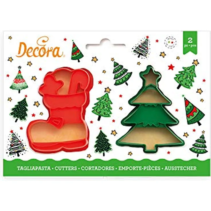 Decora 0255096 AUSSTECHER AUS KUNSTSTOFF WEIHNACHTSBAUM UND STIEFEL 2-TLG 8/6CM, rot