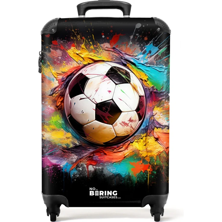 NoBoringSuitcases.com© Kinderkoffer Fußball umgeben von Farbklecksen 55x35x20cm, 4 Rollen, Reisetasche mit Rollen, Koffer Handgepäck Flugzeug, bunt – Bild 1