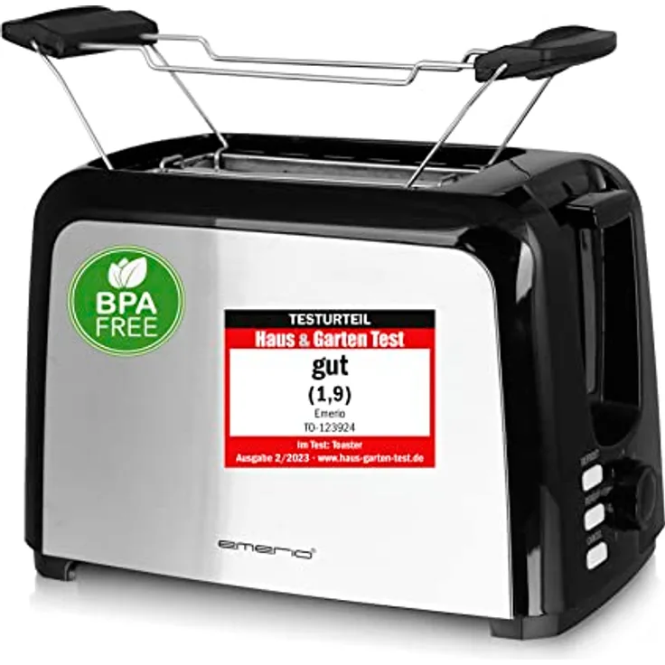 Emerio Toaster 2 extra Breiten Toastschlitzen Zentrierfunktion,herausnehmbare Krümelschublade,Abbruch/Auftauen/Wiedererwärmen,7 einstellbare Bräunungsstufen,Brötchenaufsatz,750W,TO-123924,Schwarz - Preisvergleich
