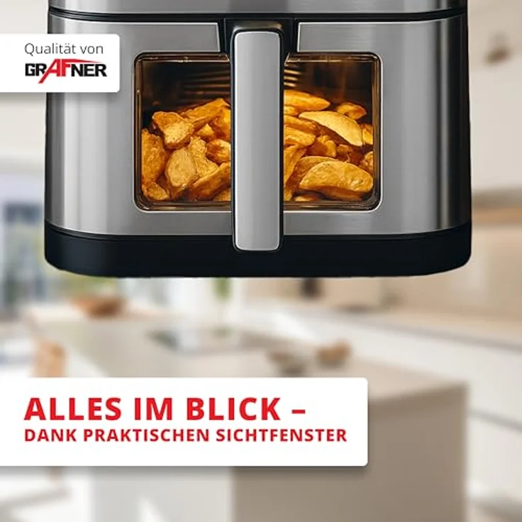 Grafner XXL Digitale Heißluftfritteuse 8 L, 1800 Watt, LED Touchscreen, 7 Programme, Sichtfenster, Edelstahl, inkl. 100x Backpapier, Antihaft-Beschichtung, ölfrei – Bild 5