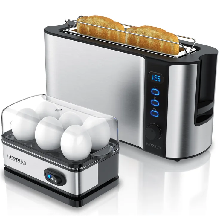 Arendo Frühstücks-Set, 6er Eierkocher + 2-Scheiben Langschlitz Toaster FRUKOST, Silber
