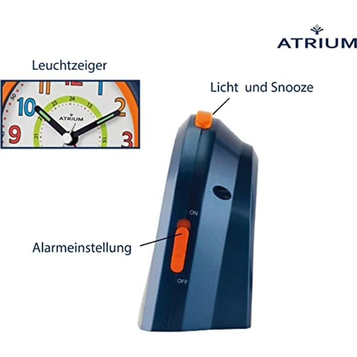 Atrium Kinder Wecker Analog Quarz mit Licht und Snooze, Dunkelblau Orange, 4-stufiges Wecksignal, großes Zifferblatt, LED-Nachtlicht – Bild 2
