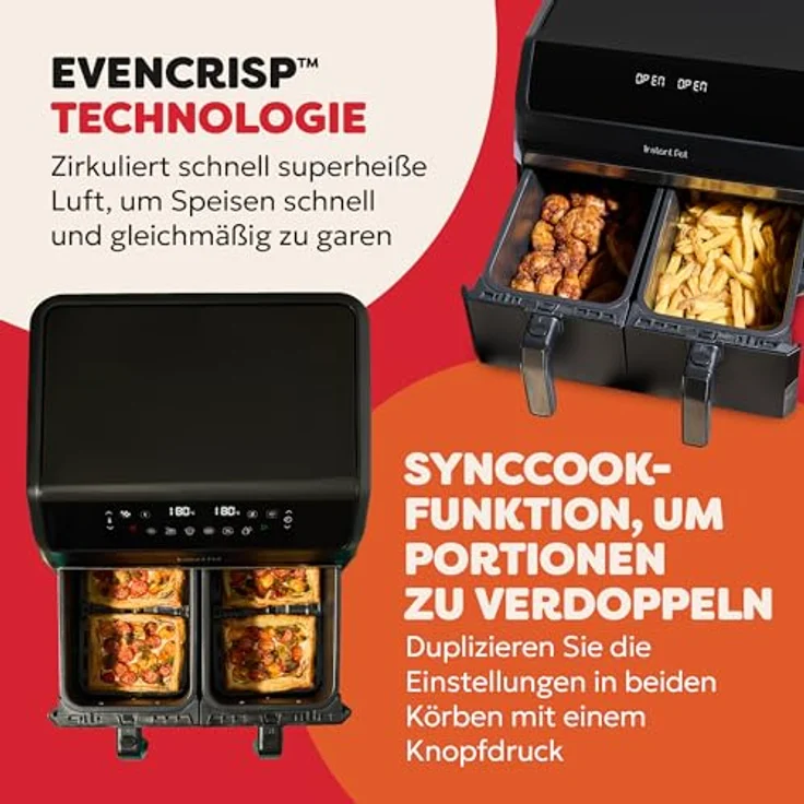 Instant Pot Vortex Dual Drawer 8L – Digitale Heißluftfritteuse, Schwarz, 8-in-1 Intelligentes Programm – Frittieren, Backen, Braten, Grillen, Dehydrieren, Aufwärmen, SyncCook und SyncFinish – 1550-1850W – Bild 5