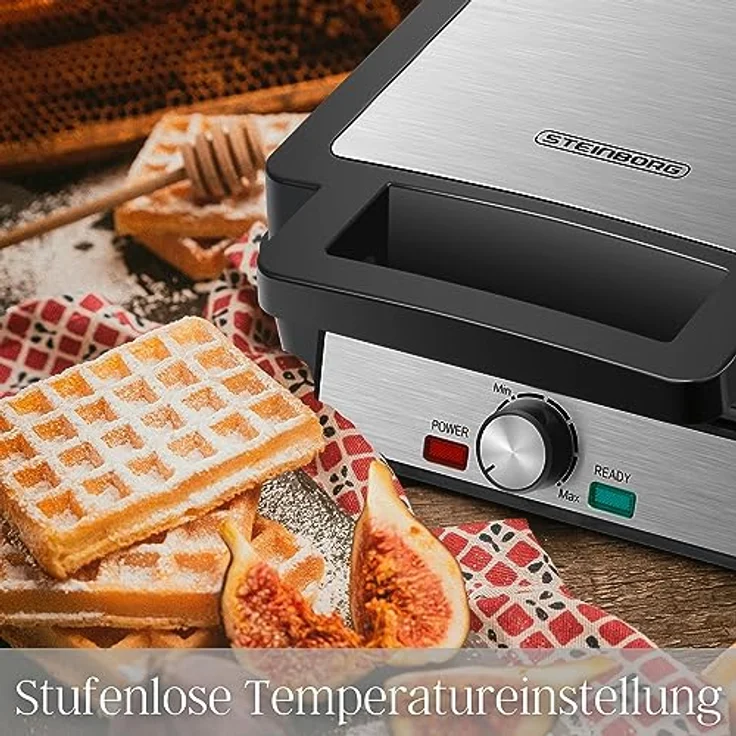 Steinborg XXL 4er Waffeleisen | 1200 Watt | Cool-Touch-Technologie | Antihaftbeschichtung | Rutschbeständige Füße | Horizontale oder vertikale Lagerung | Waffelautomat | Paninigrill | Waffeltoaster | Waffle Maker | Elektrogrill | Waffelform | Rot – Bild 4