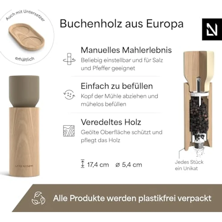 LARS NYSØM Gewürzmühle Ligevægt, 2-teiliges Set mit Premium-Keramikmahlwerk, manuell einstellbarem Mahlgrad und Krümelschutzdeckel – Bild 4