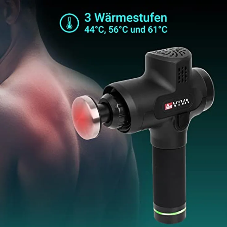 AsVIVA Physiovibe Pro MGN1 Massage Gun mit Wärmekopf, austauschbaren 2400 mAh Akku, USB Ladefunktion und 7 Massageköpfen, Massagegerät – Bild 5