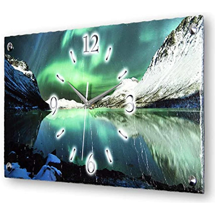 Kreative Feder Polarlicht Natur-Landschaft Berge Luxus Designer Wanduhr Funkuhr aus Schiefer Made in Germany leise ohne Ticken 50cm x 25cm WS312FL (leises Funkuhrwerk) in Schiefer-Optik – Bild 1
