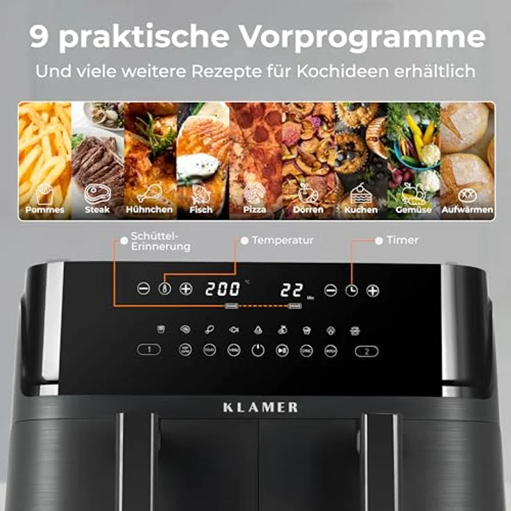KLAMER Heißluftfritteuse 3000 W, gesunde Fritteuse mit einstellbarer Gartemperatur und Heißluftzirkulation – Bild 3