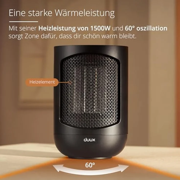 Duux Zone Energiesparender Heizlüfter Leise - Elektrische Heizung mit 1500 Watt, 3 Leistungsstufen, thermostat und 60 Grad horizontaler Schwingung - Schwarz – Bild 2