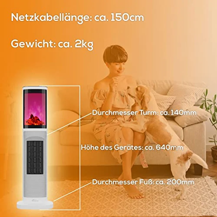 TroniTechnik® Infrarot Turm-Keramik-Heizer Elektro-Heizer 2000 Watt, Heizstrahler Standheizstrahler PTC Keramikheizelement mit Fernbedienung, Kamineffekt, Oszillation, Timer, Umkippschutz, bis 45°C – Bild 5
