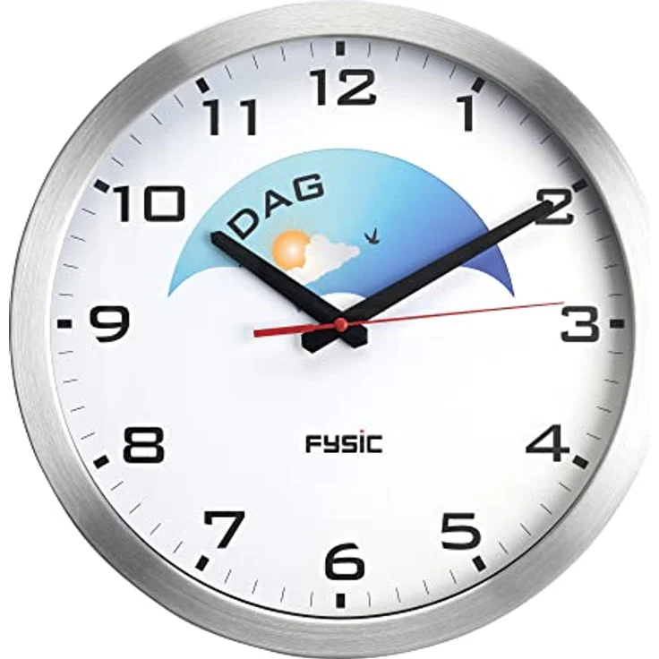 Fysic FK150, analoge Wanduhr für Demenzkranke mit extra großem Zifferblatt und Tageszeit-Anzeige (Tag/Nacht) im Aluminiumgehäuse – Bild 1
