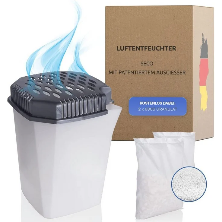Bestlivings Luftentfeuchter Entfeuchter mit Ausgießer, für 55 m³ Räume, Tank 0,50 l, Raumentfeuchter inkl. 2x 680gr Granulat - Entfeuchter Raum – Bild 1