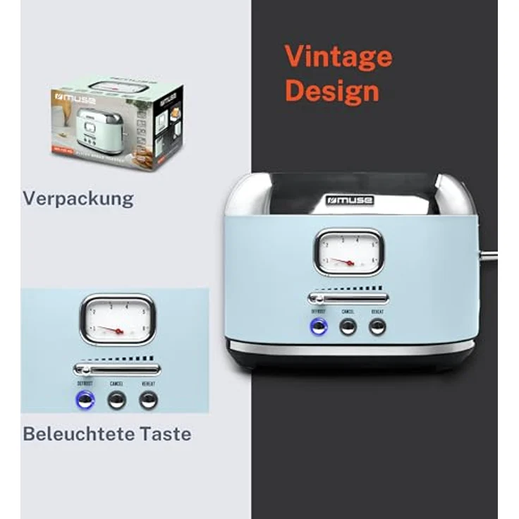 MUSE Retro Toaster, 2 Scheiben, 6 Bräunungsstufen, analoge Anzeige, beleuchtete Tasten, Krümelschublade, pastell blau – Bild 4