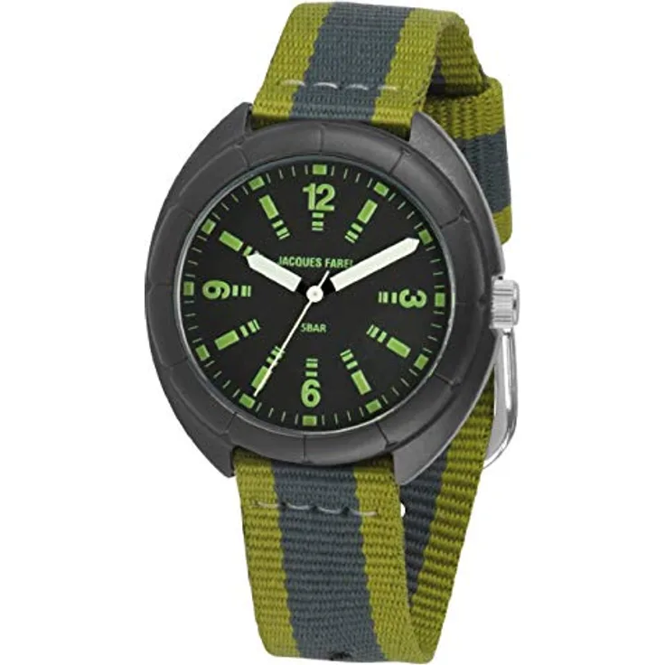 JACQUES FAREL Jugend-Armbanduhr Jungen Leuchtzeiger Analog Quarz Stoffband Grau Khaki Oliv Streifen STH 14 - Sportliches Design mit fluoreszierenden Zahlen und nachtleuchtenden Zeigern