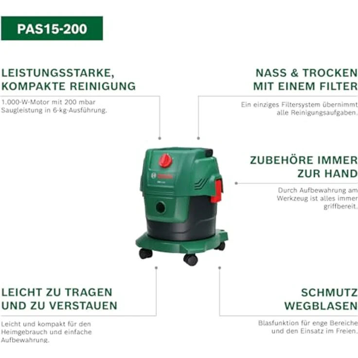 Bosch Home and Garden PAS15-200 Nass-/Trockensauger, 1.000-W-Motor mit 200 mbar Saugleistung, kompakt und leicht, mit Blasfunktion und Patronenfilter – Bild 2
