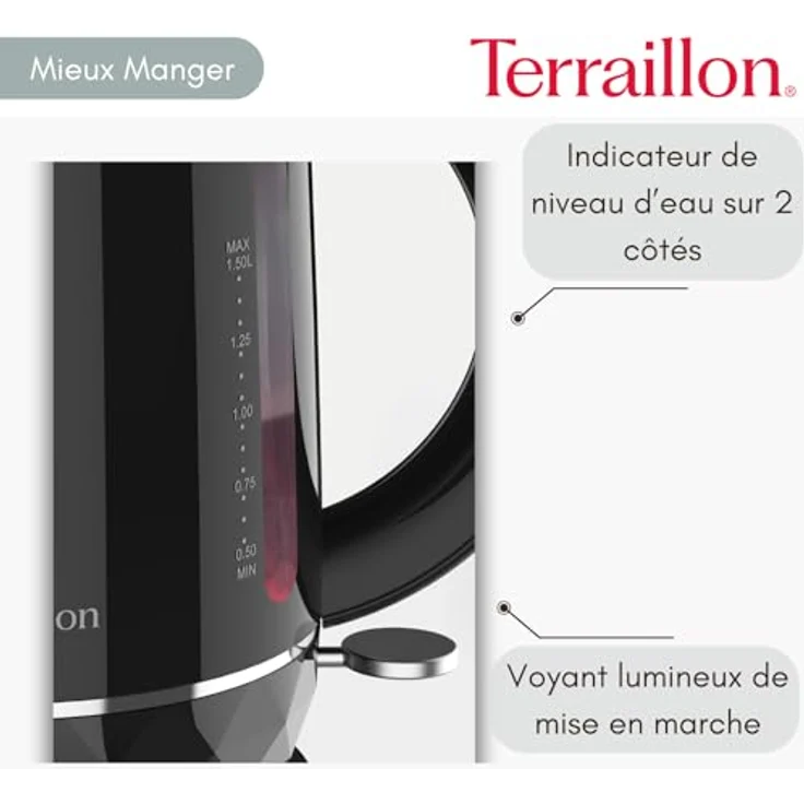 TERRAILLON SCHWAZER DIAMANT, Elektrischer Wasserkocher 1,5 l, 2200 W, 360° drehbarer Sockel, automatische Abschaltung, Hintergrundbeleuchtung, Wasserstandsanzeige, schwarz – Bild 3