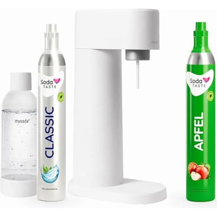 SodaTASTE Sparpaket: Mysoda Woody - Wassersprudler aus erneuerbarem Holzkomposit mit 1L BPA-freier Plastikflasche, CO2-Zylinder Classic + CO2-Zylinder Apfel (Weiß)