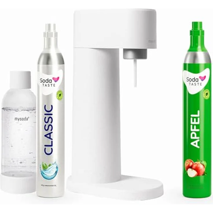 SodaTASTE Sparpaket: Mysoda Woody - Wassersprudler aus erneuerbarem Holzkomposit mit 1L BPA-freier Plastikflasche, CO2-Zylinder Classic + CO2-Zylinder Apfel (Weiß) – Bild 1