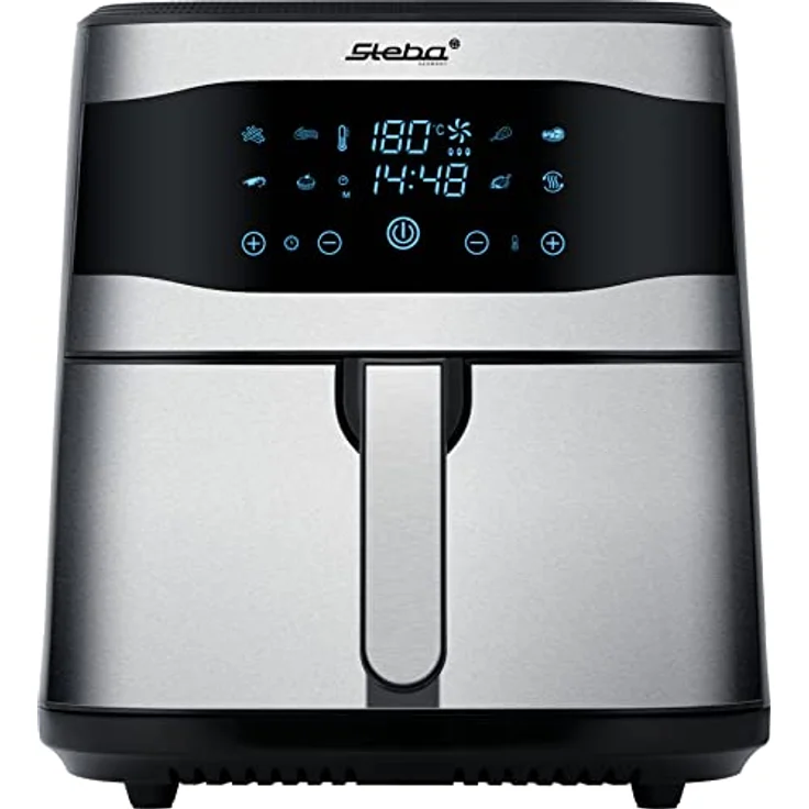 Steba HF 8000 Family Heißluftfritteuse, 8 Liter, 1800W, Antihaftbeschichtung, herausnehmbarer Behälter, 60 Minuten Timer, 8 Programme, Display, Überhitzungsschutz, edelstahl-schwarz – Bild 3