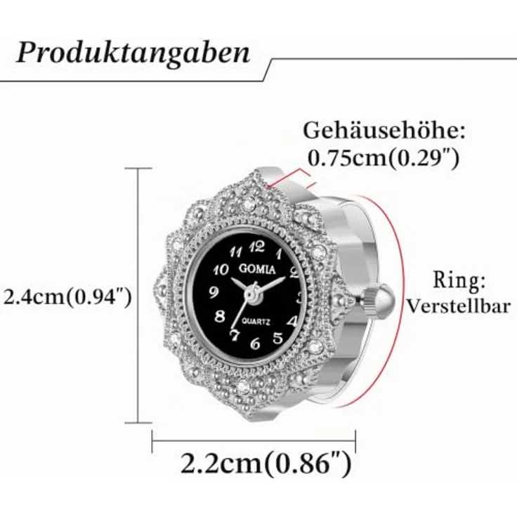 JewelryWe Ringuhr Damen Analog Quarz Retro Edelstahl mit Schwarz Rundem Zifferblatt und Silber Gehäuse, Wasserdicht, Verstellbar – Bild 5