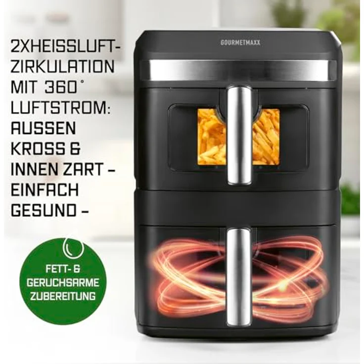 GOURMETmaxx FryUp XL, vertikale Doppelkammer Heißluftfritteuse mit 12 L und Sichtfenster, 2800 W, schwarz, mit 9,6 Zoll Multi-Colour LED-Touchdisplay & 12 Programmen – Bild 7