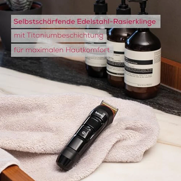 Beurer MN4X Barttrimmer, zum Trimmen und Rasieren, 2 hochwertige Edelstahlklingen mit Titaniumbeschichtung, 10 Schnittlängen, 2-stufige Feineinstellung, maximale Hautpflege, Rasierkopf abwaschbar – Bild 4