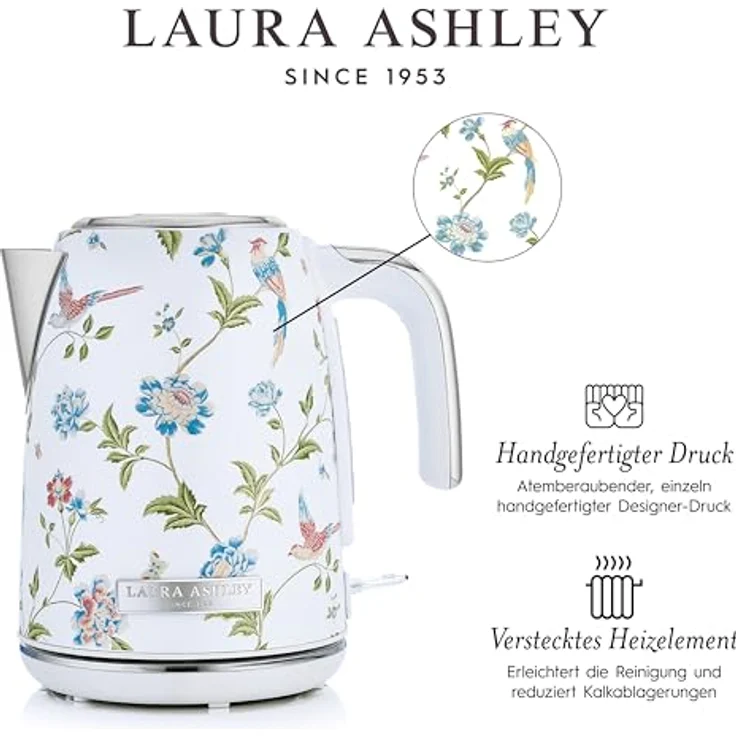 VQ Laura Ashley Elveden Weiß, Kabelloser Edelstahl-Wasserkocher 1,7 Liter mit 2,2 kW Schnellkochtechnologie und Überhitzungsschutz – Bild 4