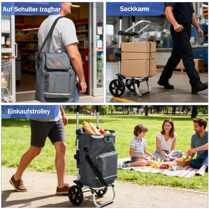 Sekey XXL Faltbarer Einkaufstrolley, 60 L, klappbarer 3-in-1 Einkaufswagen mit höhenverstellbarem Griff, Aluminium, Kühlfach und Getränkefach, Grau – Bild 5